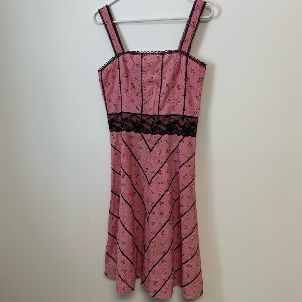 Vintage Y2K Anthropologie Beth Bowley Pink w/ Black Lace Detail Cotton Dress